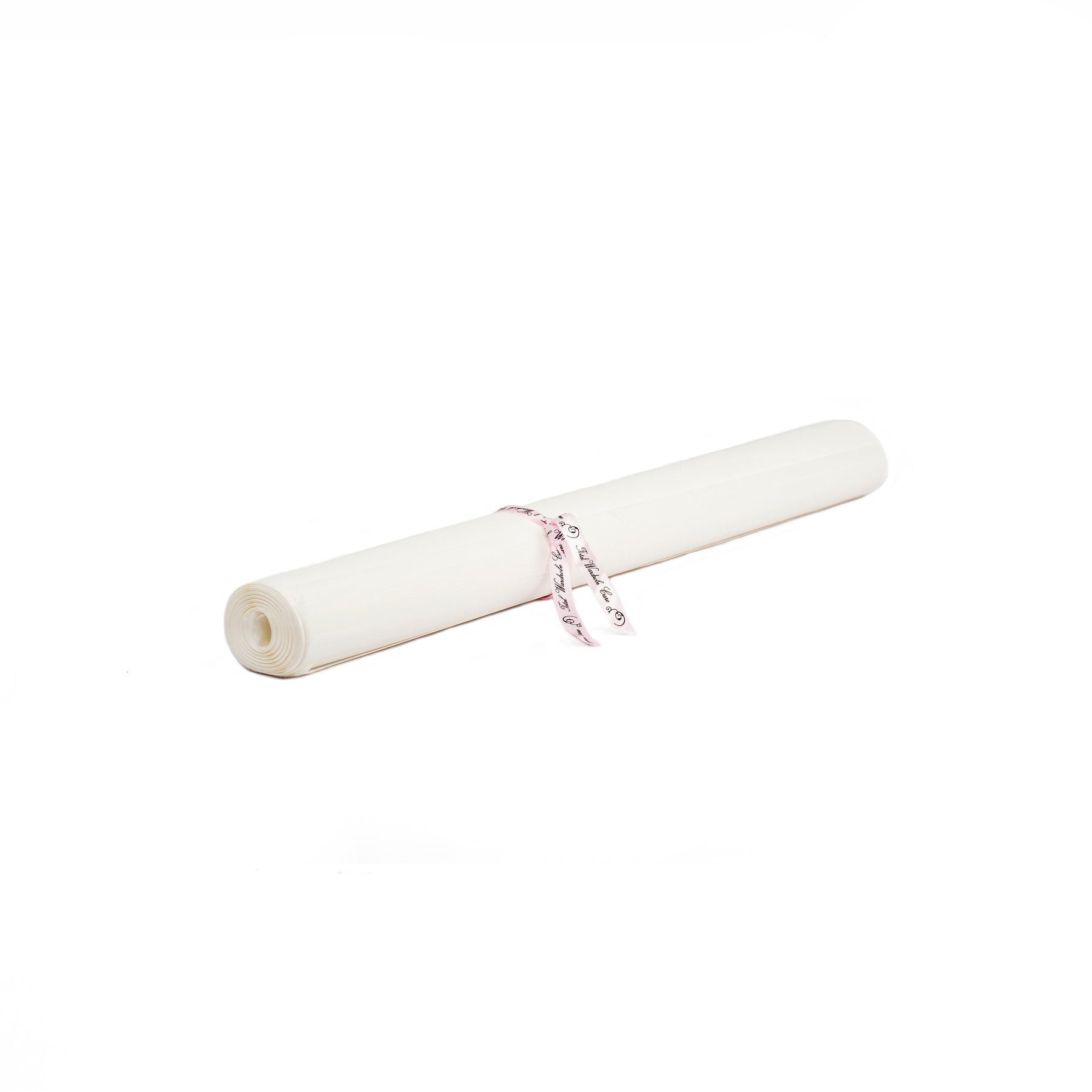 Sealed roll of acid-free tissue paper with pink ribbon with writing on pure white background