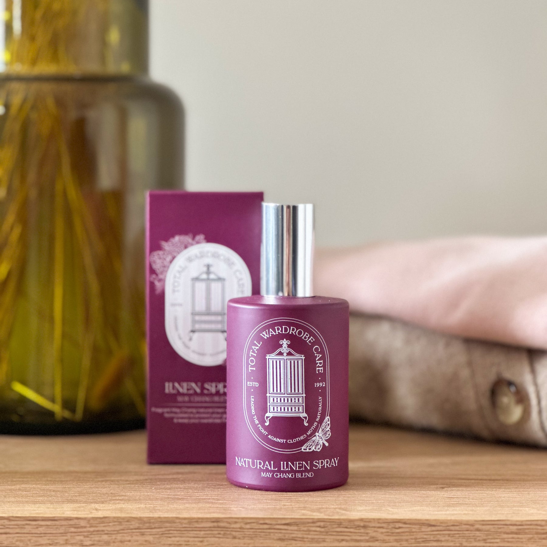May chang blend linen spray from trio in deep pink coloured bottle