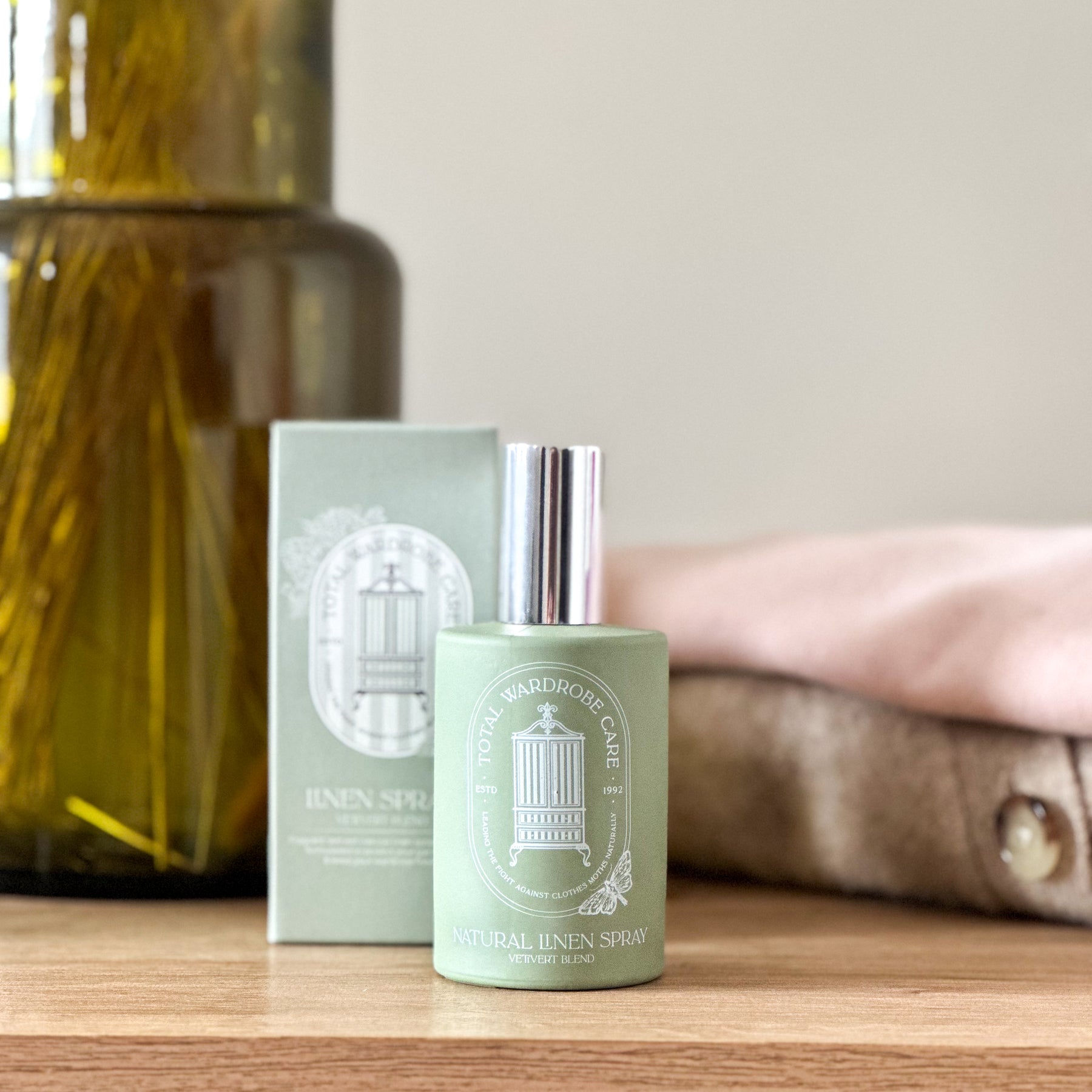 Sage green bottle for vetivert blend linen spray