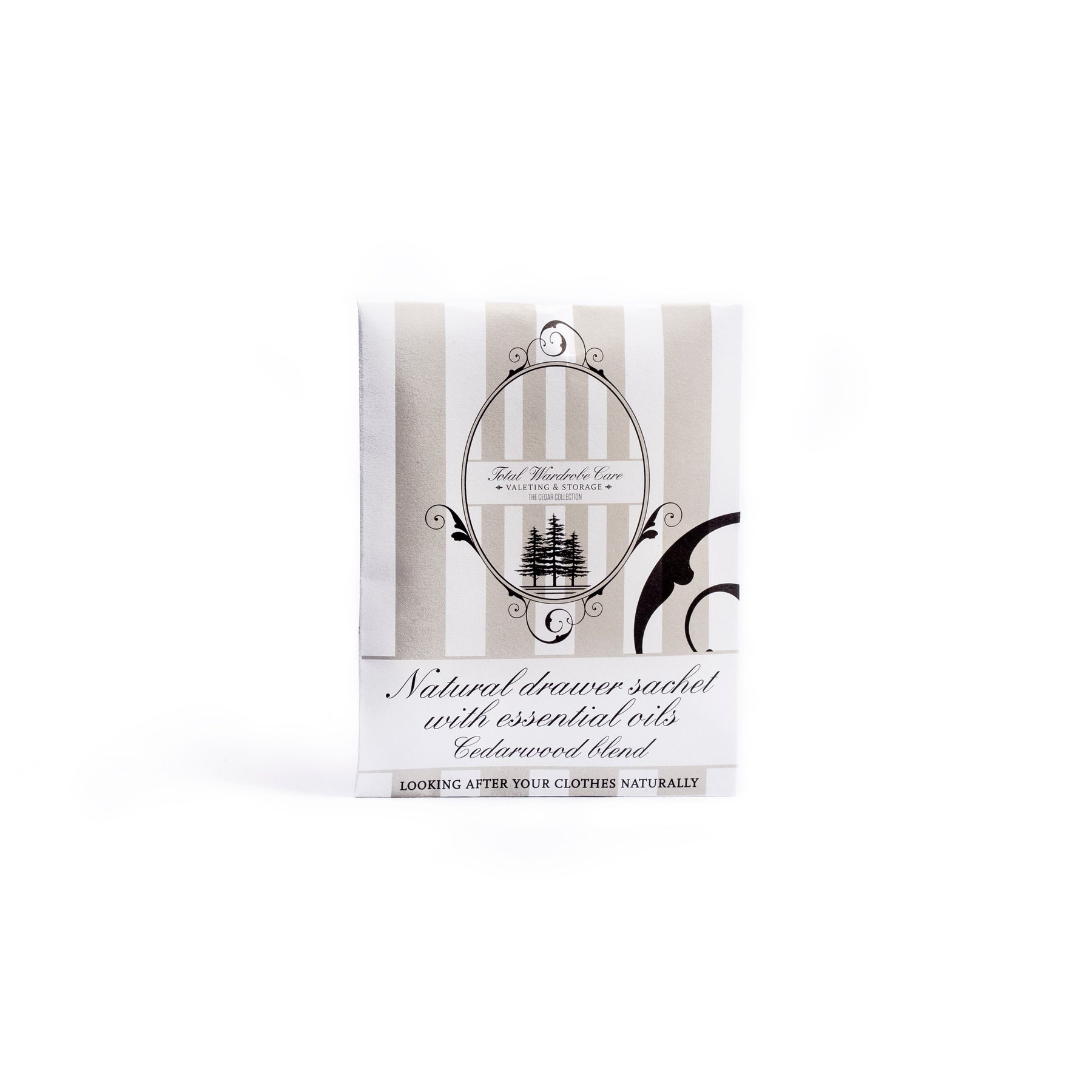 Singular cedarwood drawer sachet on white background