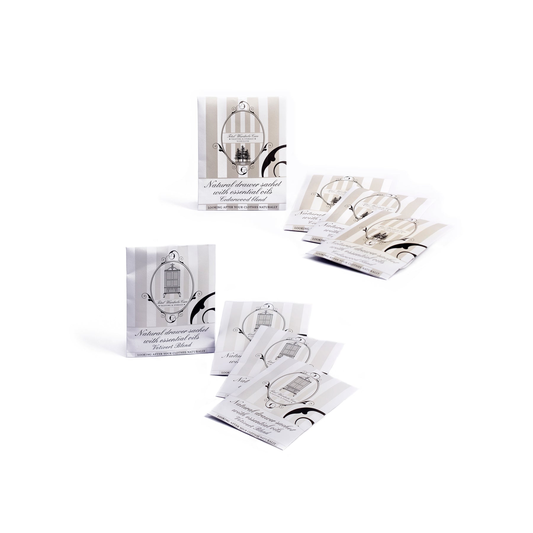 Cedarwood and vetivert drawer sachets lined on white background