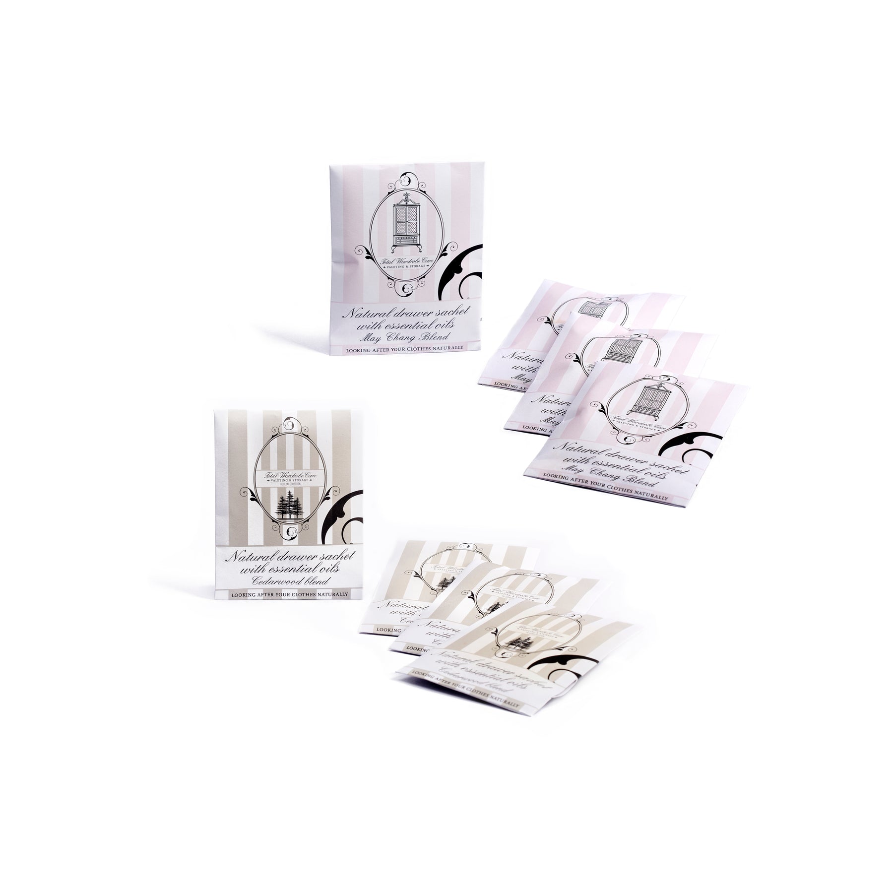 Cedarwood and may chang drawer sachets lined on white background