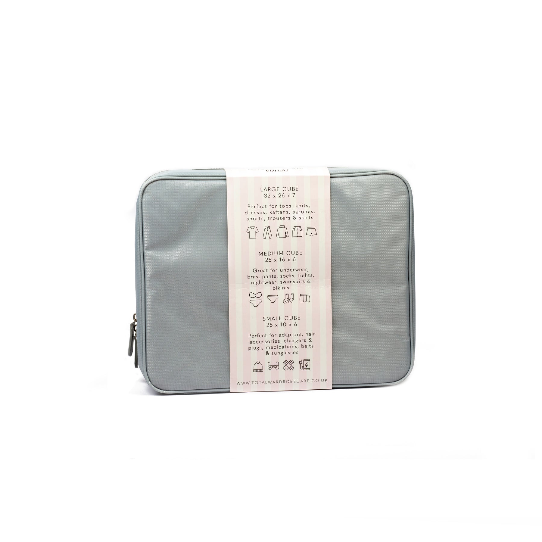 Sizings and items that should be used information to reverse of travel packing cube