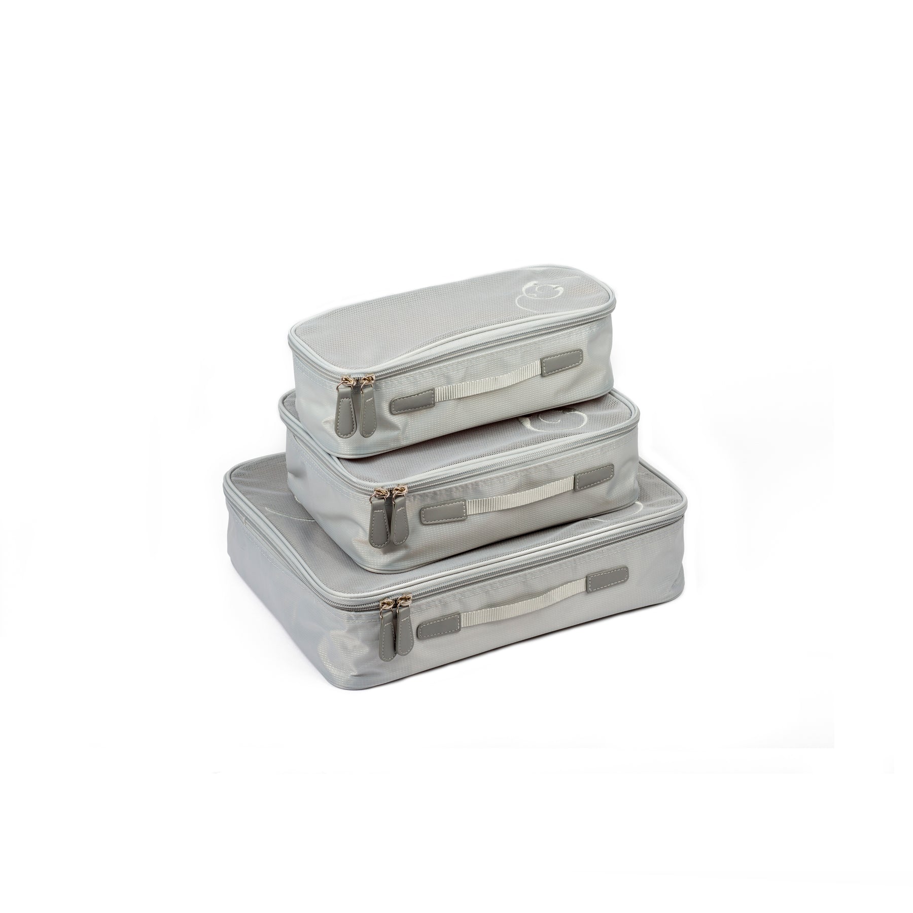 3 tiered travel packing cubes stacked on white backgroud