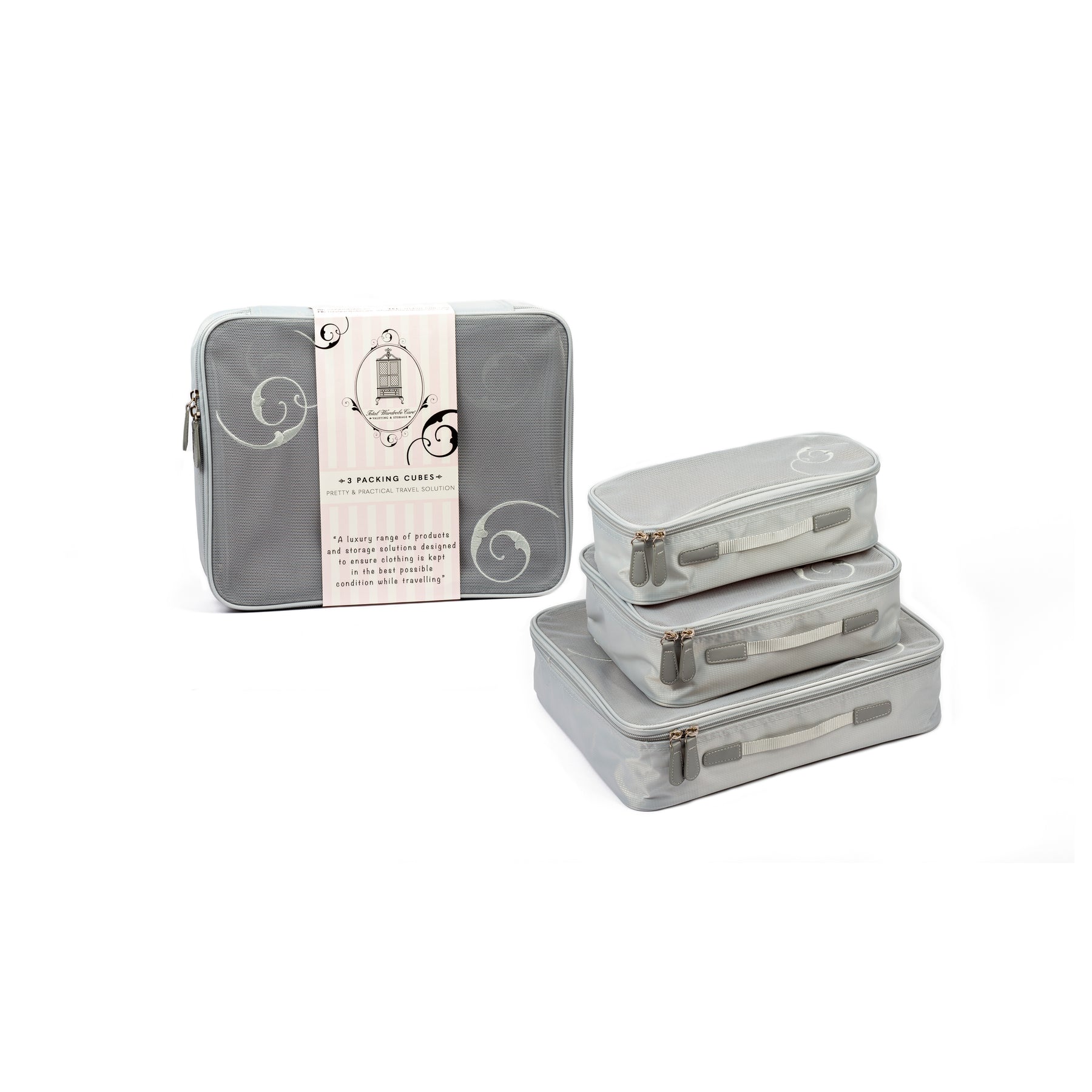 Sealed packaging of travel packing cubes and stacked set of 3