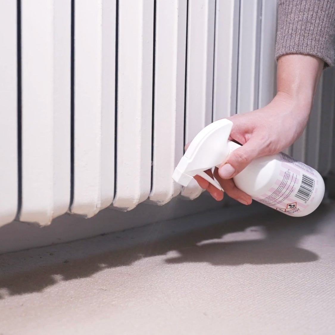 Persons hand using chrysanthemum moth killer spray under radiator on carpeting