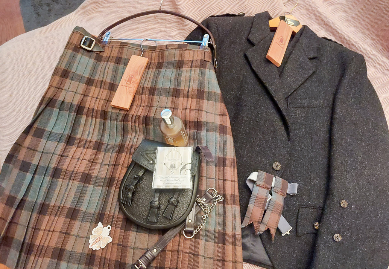 Kilt and jacket with cedar hanging block and hanger