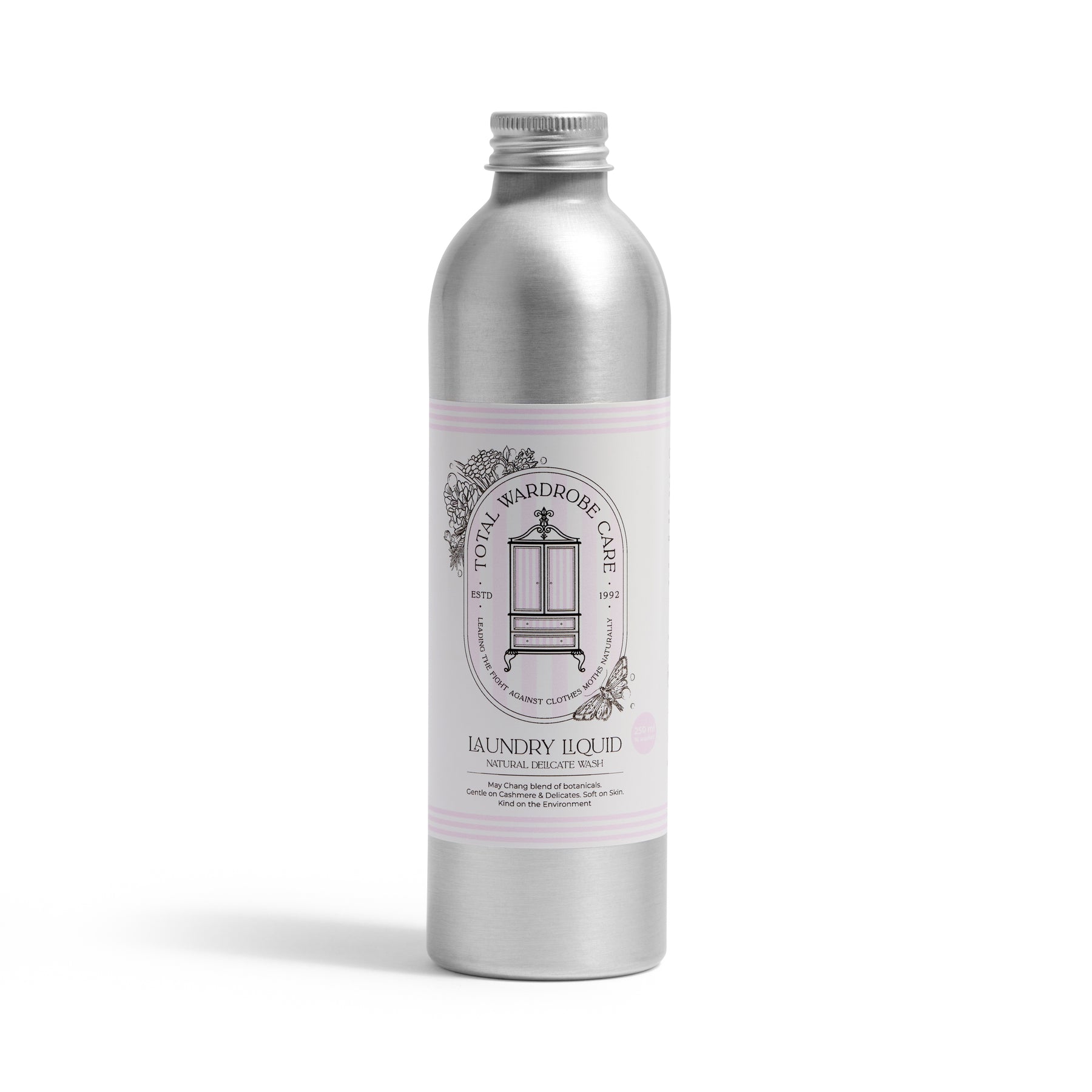 250ML aluminium bottle of laundry liquid on white background