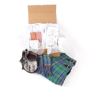 Anti moth kilt protection with tartan kilt beside open box displaying range of anti-moth products