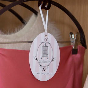 Total Wardrobe Care hanging oval hanging from burgundy hanger extension