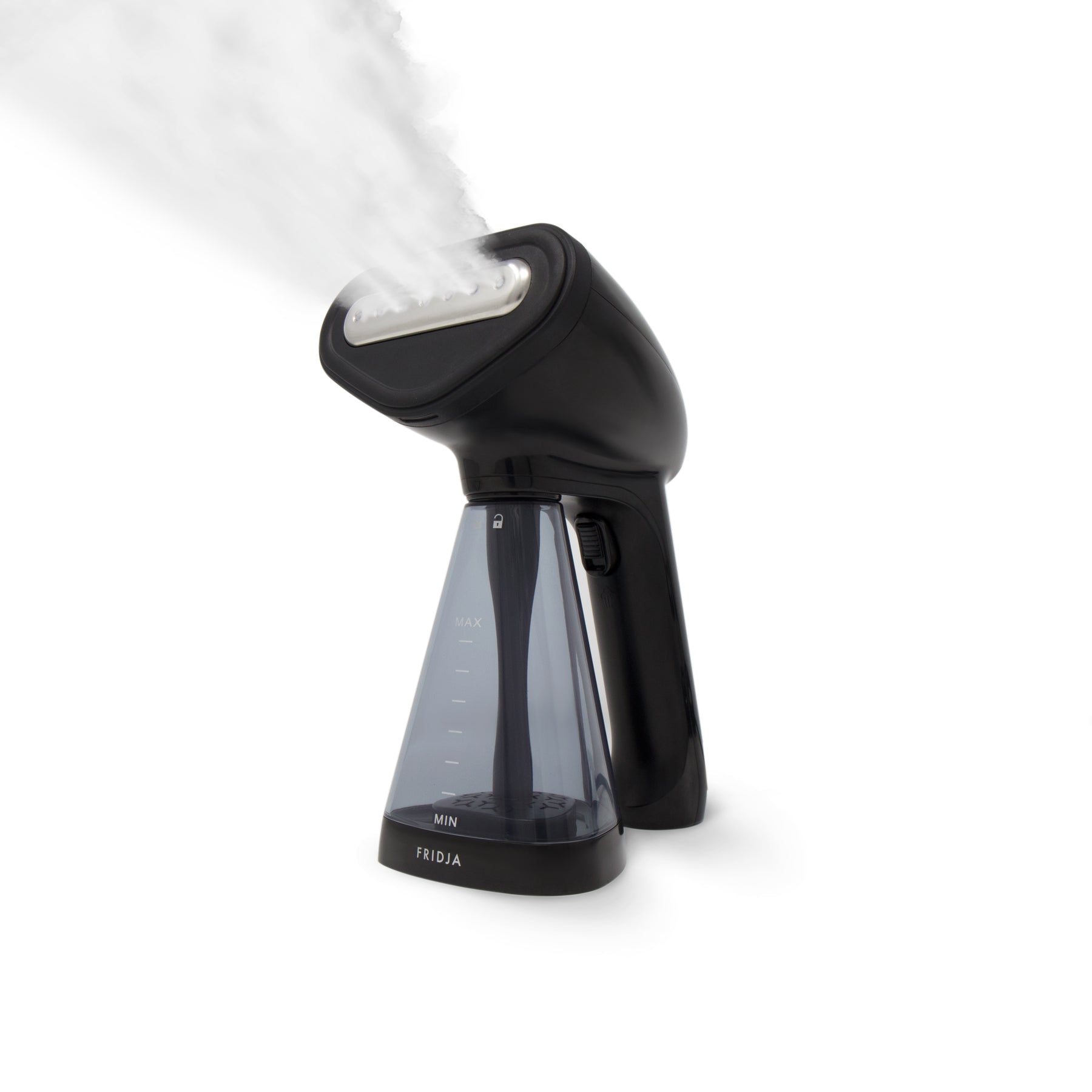 Fridja Handheld steamer in black with plume of steam coming from the front