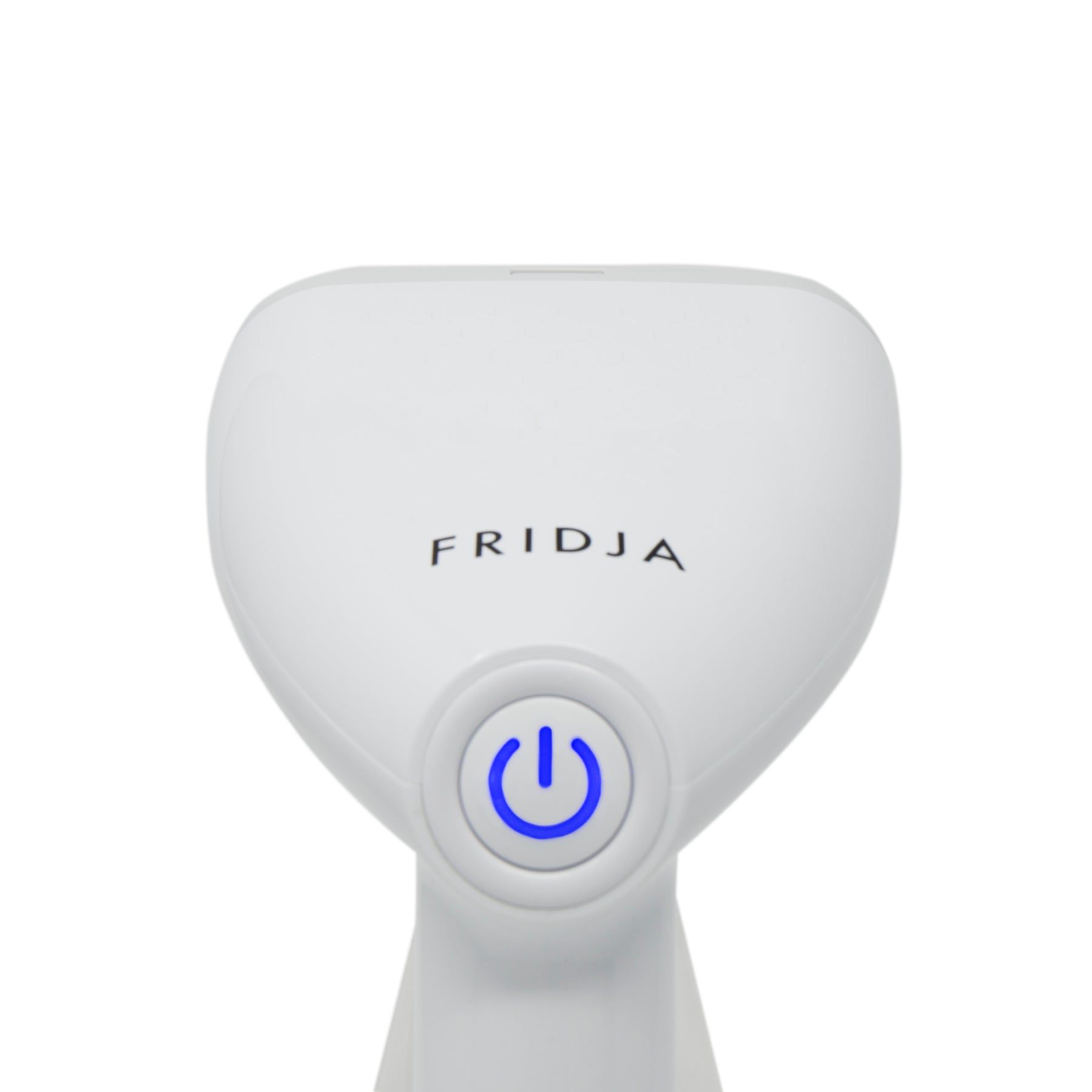 Top view of the Fridja handheld clothes steamer in white with brand name and blue power button