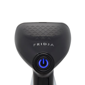 Black Fridja handheld steamer from top view with triangle markings to top and blue power button