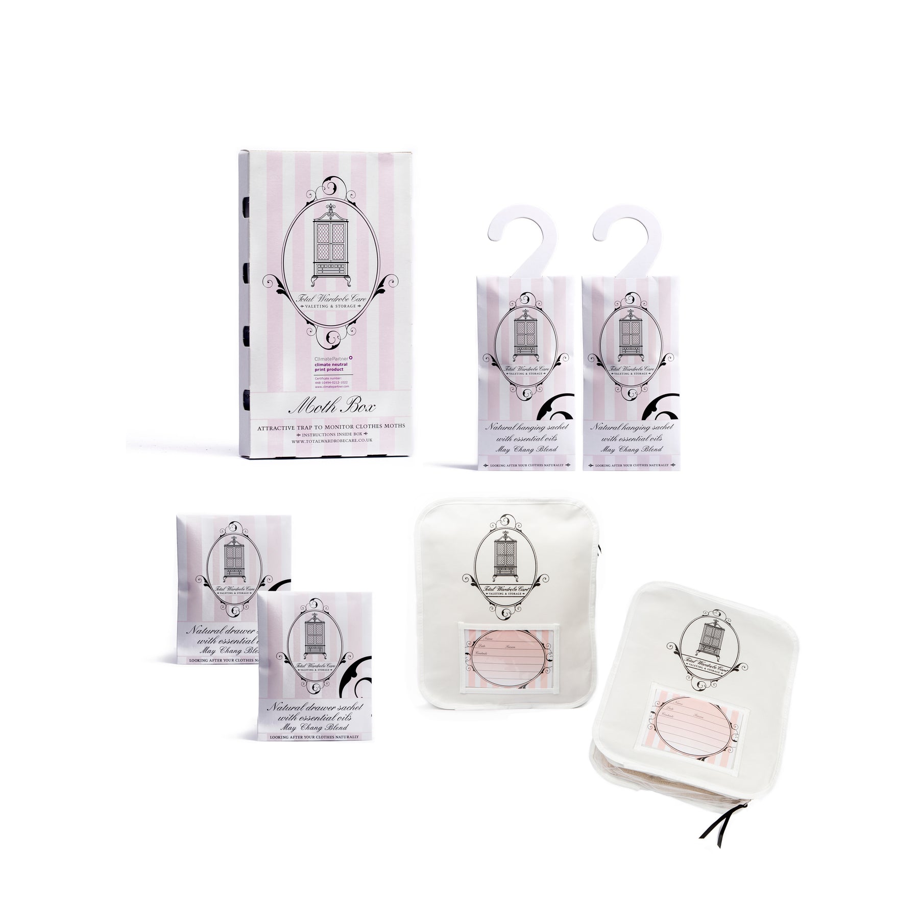 Range of products from moth box, hanging sachets, drawer sachets and storage bags