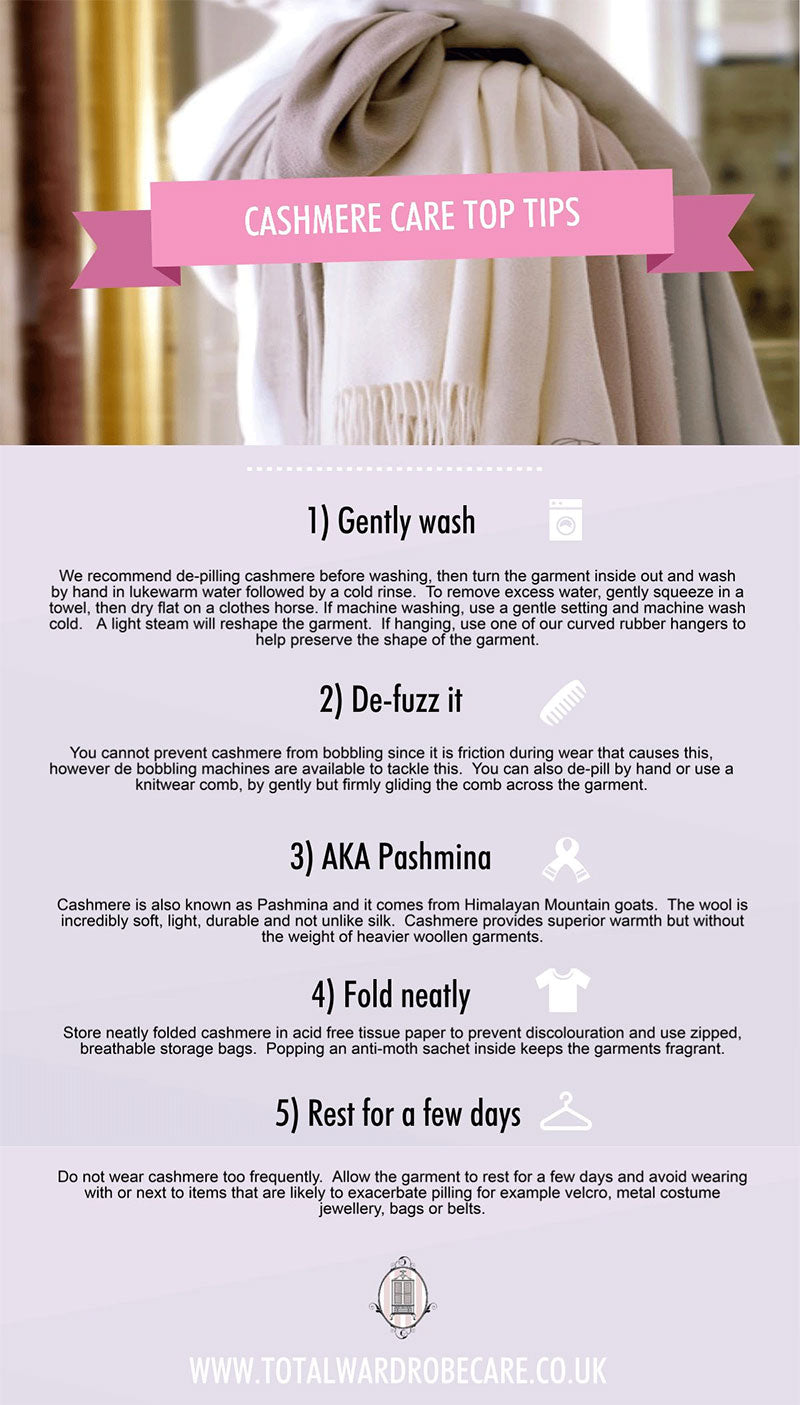 Cashmere care top tips on pink and purple branded infographic