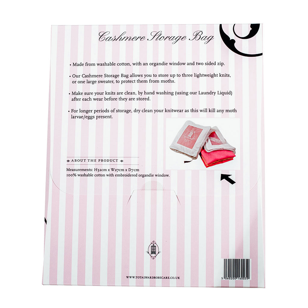 Back image of cashmere storage bag packaging with instructions printed