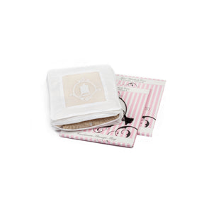 2 Stacked cashmere storage bags in pink and white packaging with open storage bag to side with cashmere jumpers inside