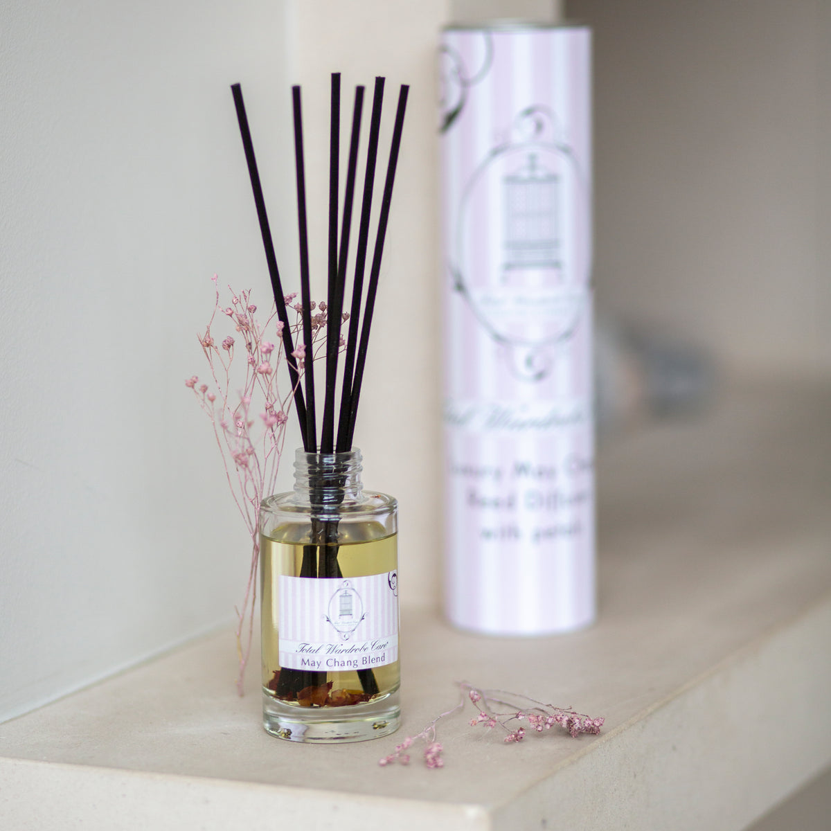 Luxury May Chang Reed Diffuser with small pink flowers