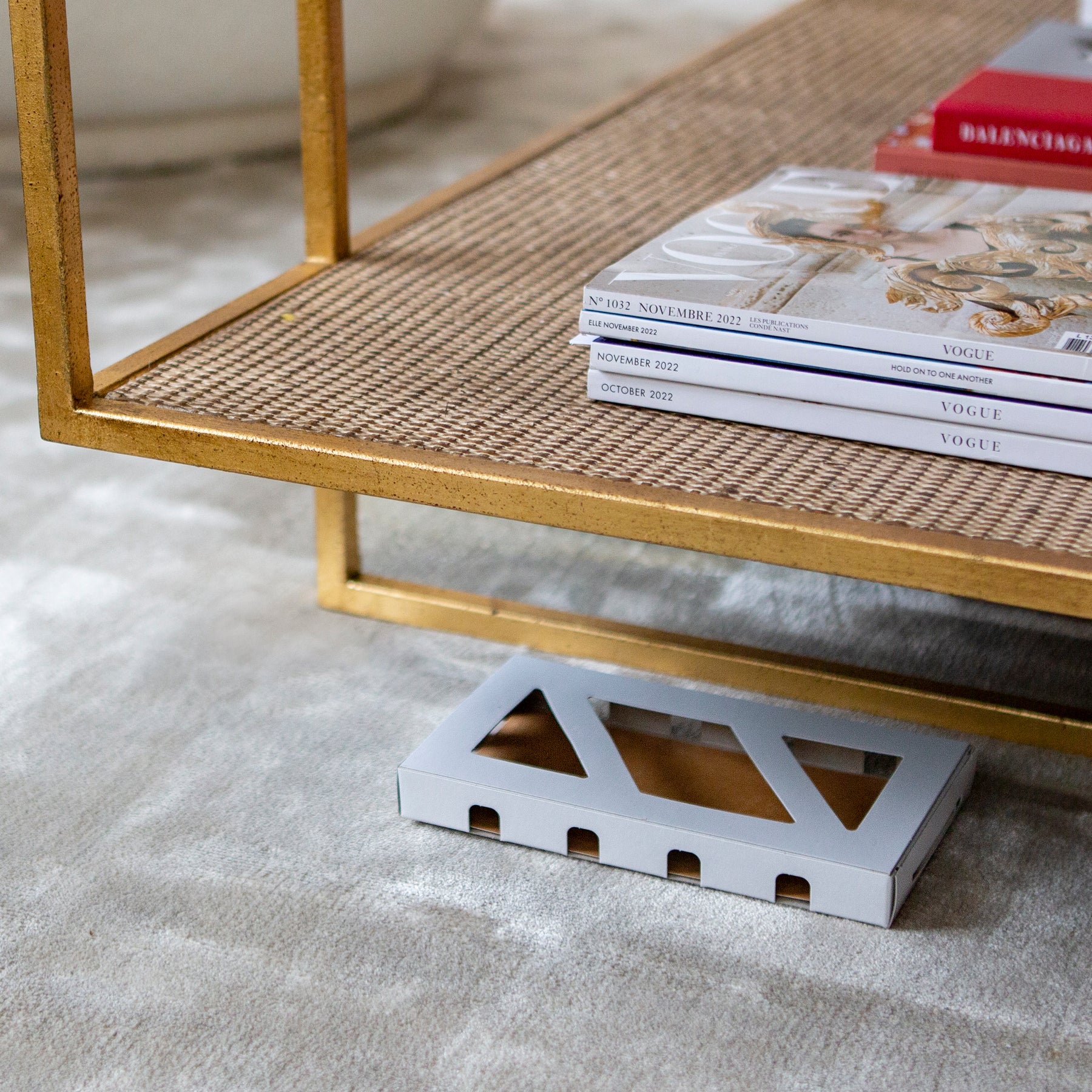 Moth trap box placed underneath table with stack of Vouge magazines on top