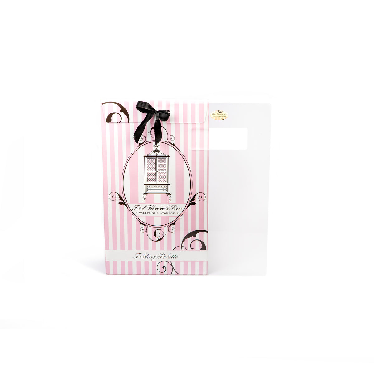 Folding Palette in pink and white striped bag with black ribbon on white background