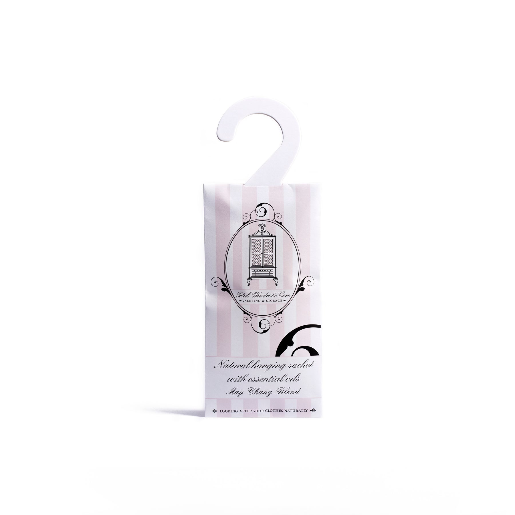 Pink and White May Chang hanging sachet on white background
