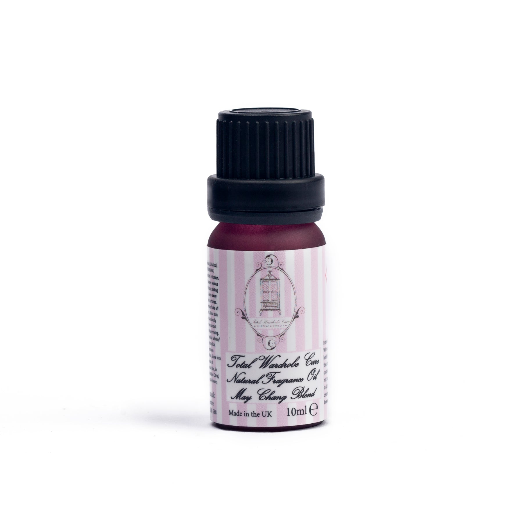 Bottle of may chang essential oil on white background