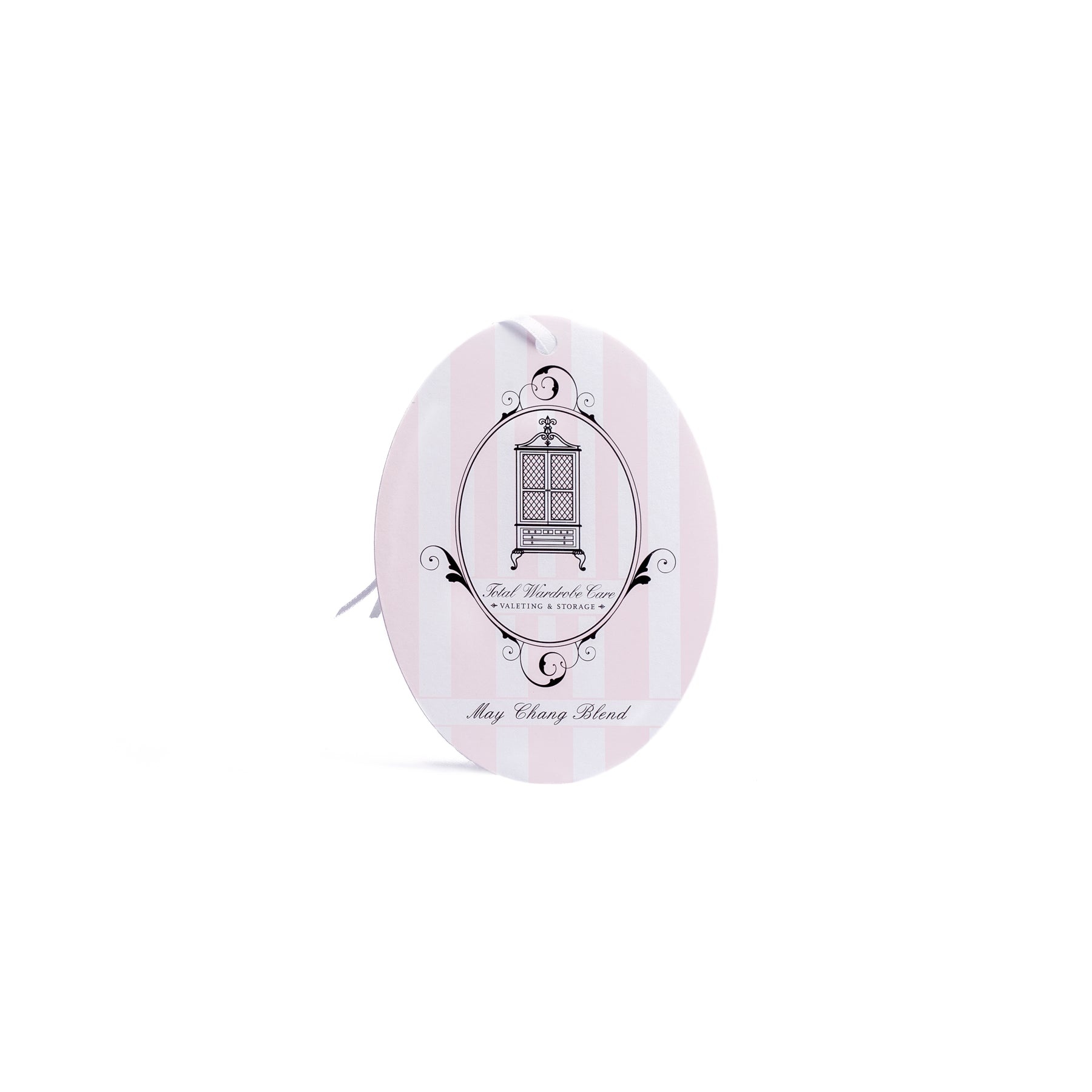 Single pink and white hanging oval on white background