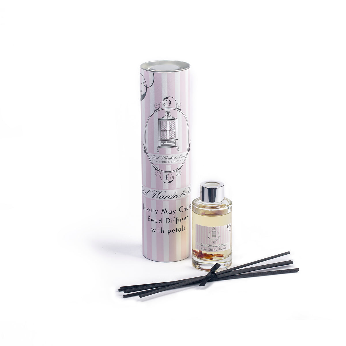 May Chang Reed Diffuser container with liquid bottle and black reed sticks