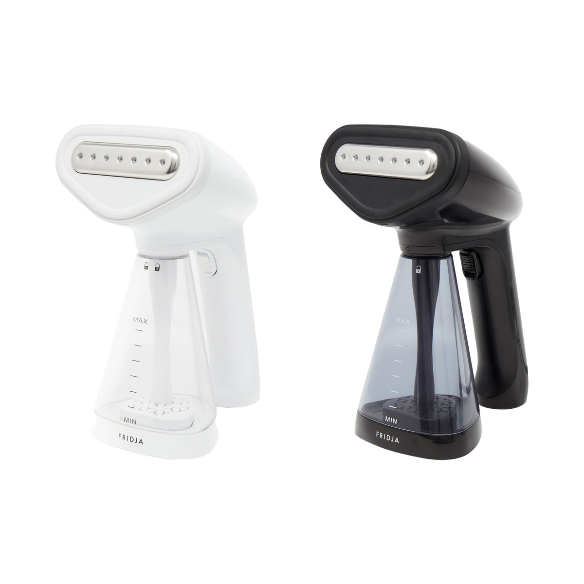 Two Fridja handheld clothes steamers on white background. One in white and the other in black