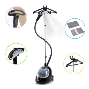 Standing, fully extended Fridja Clothes Steamer on white background with coloured circles highlighting features such as hanger, clip and steam iron
