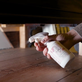 Persons hand using chrysanthemum killer moth spray on dark wooden table